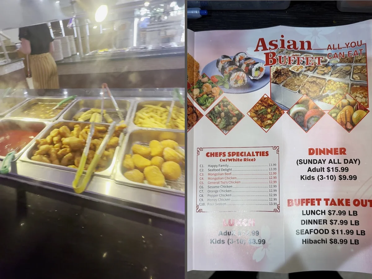 Assorted takeout containers beside buffet counters.