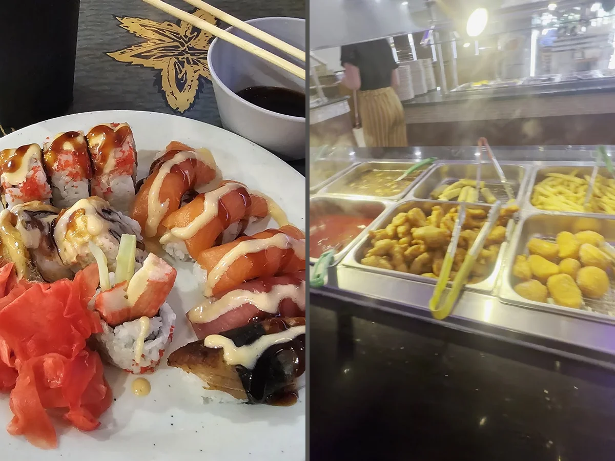 Buffet trays with Chinese dishes and sushi.